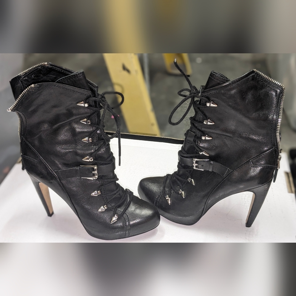 Sam Edelman Zip & Tie Up Ankle High Heel Boots with Decorative Spikes Size 7 1/2